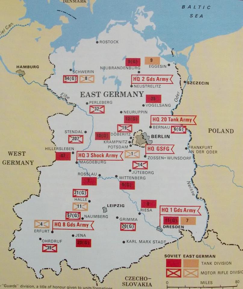 East Germany map marking Soviat and German army locations in red and gold