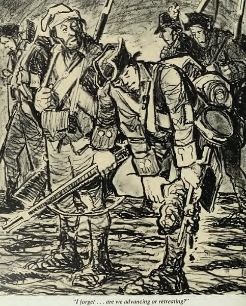 Pencil drawing of two Continental Army soldiers standing in mud. One soldier is scraping mud off the bottom of his boots.