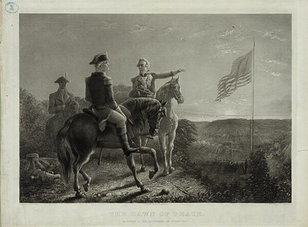 George Washington and two of his generals, on horse back, overlooking an American flag. Caption reads The Dawn of Peace.