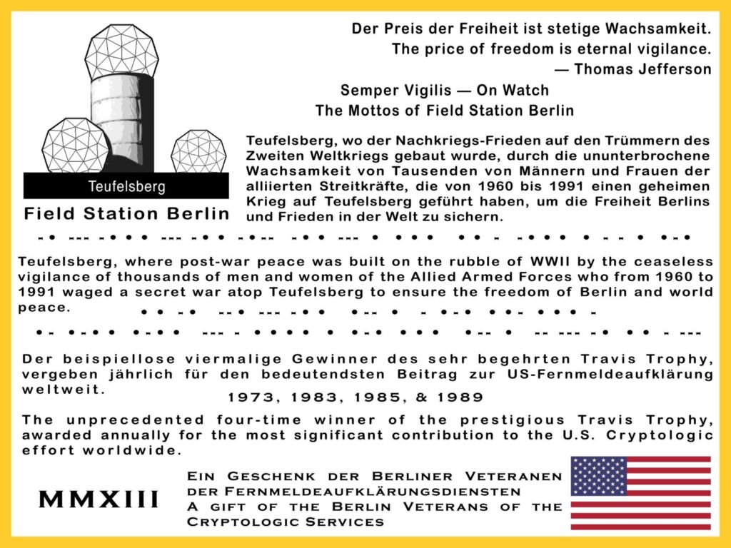 A dedication plaque, in the Allied Museum in Berlin, for the Allied Armed Forces that helped ensure the freedom of Berlin.