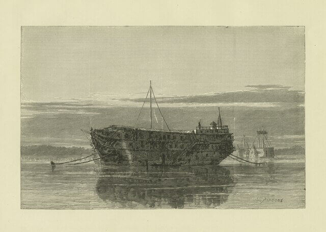 British prison ship, Jersey, anchored offshore.