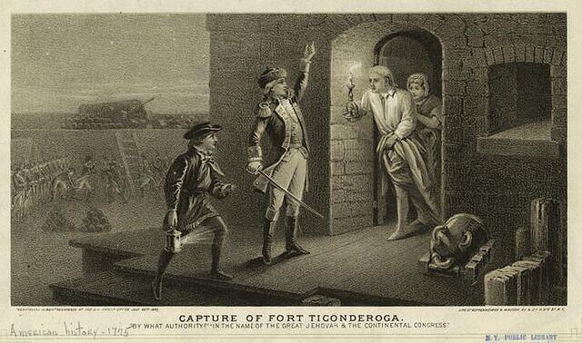 Soldiers at the door of a house. The home owner is in the doorway with a candle while his wife is behind him.