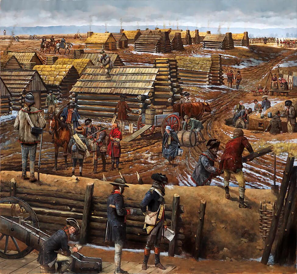 Painting depicting American Revolution era soldiers building a wooden encampment at Valley Forge.