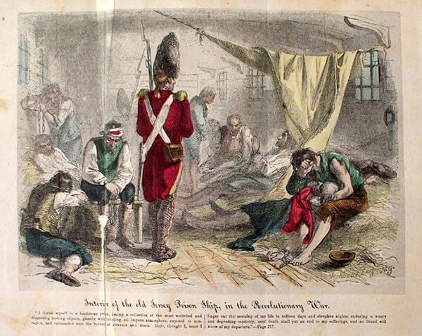 British Army guard standing over injured and dying American Revolution prisoners on the ship Jersey. Caption reads, Interior of the old Jersey prison ship, in the Revolutionary War. 