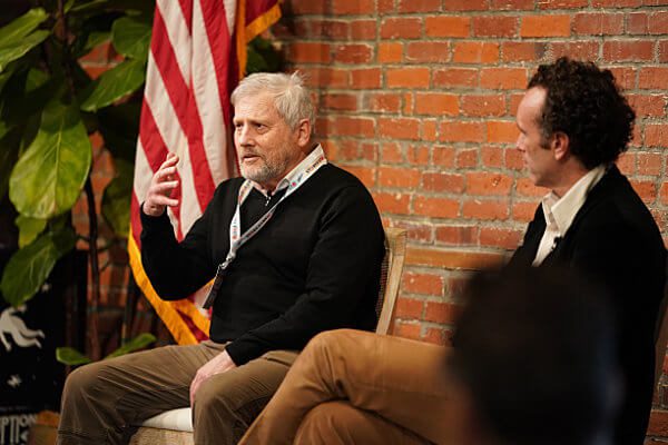 Authors and USMC veterans Karl Marlantes and Elliot Ackerman in conversation on the stage.