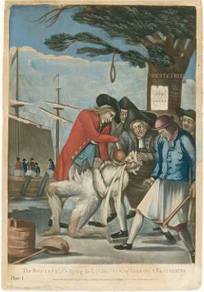 Illustration of men holding down John Malcolm as they tar and feather him for attacking George Hewes.